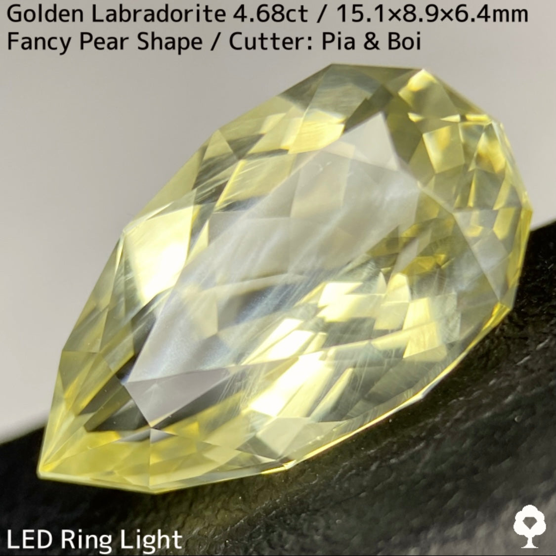 ゴールデンラブラドライト4.68ct★白い炎が浮かぶ幻想的なファンシーペアシェイプ★同じロットの原石付き