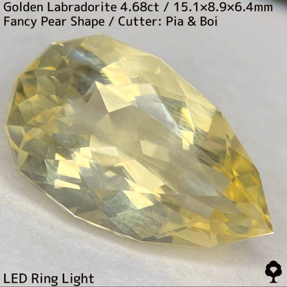 ゴールデンラブラドライト4.68ct★白い炎が浮かぶ幻想的なファンシーペアシェイプ★同じロットの原石付き