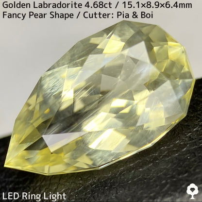 ゴールデンラブラドライト4.68ct★白い炎が浮かぶ幻想的なファンシーペアシェイプ★同じロットの原石付き