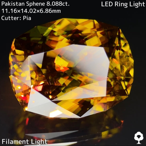 オレンジ煌めきとグリーンを含む貫禄あるパキスタンゴールド★パキスタンスフェーン8.088ct